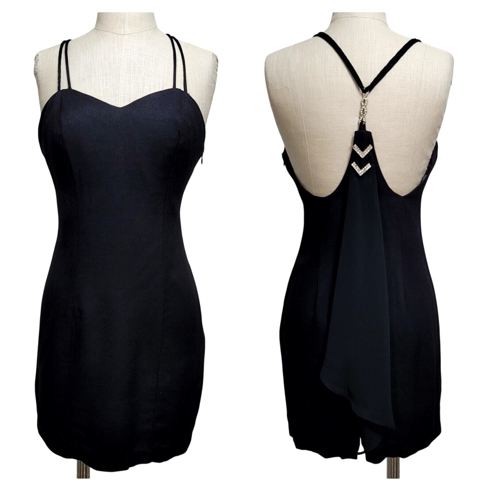 Blondie & Me Evening Vintage 90s Black Rhinestone Drape Back Mini Cocktail Dress